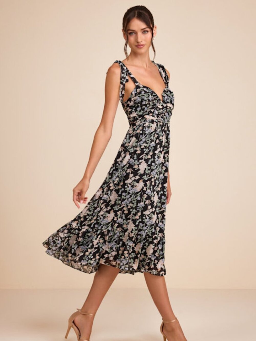 Lulus Lush Loveliness Black Floral Lurex Tie Strap Midi Dress XL NWT